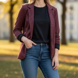 Skies Are Blue Red Knit Blazer Open Front 3/4 Sleeve Women’s Size Large